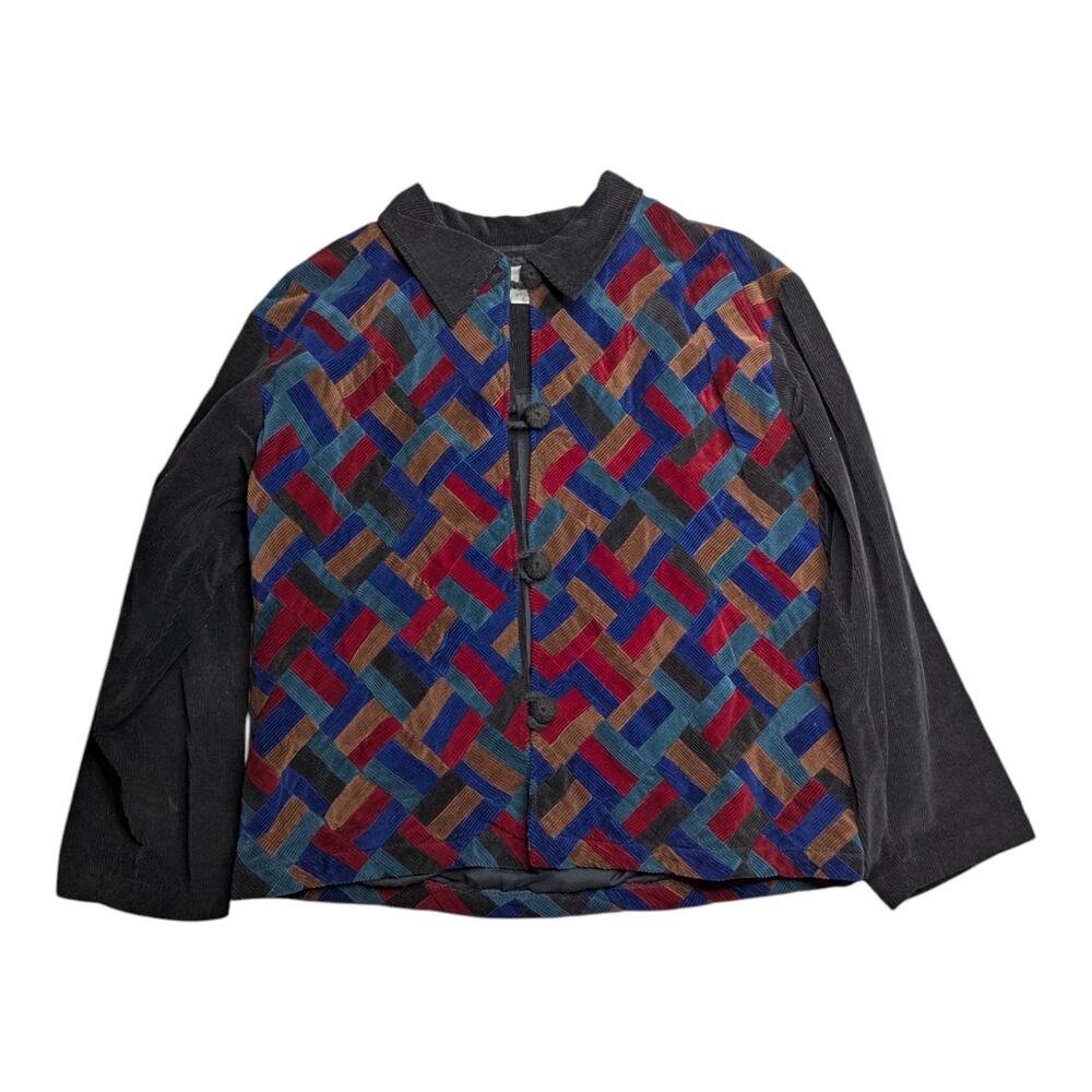 Vtg 1990s Soul Mates Black Colorful Herringbone Corduroy Button Up Jacket L